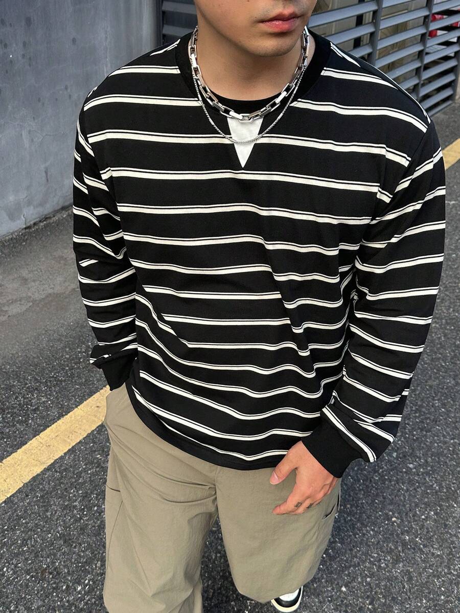 DAZY Spring/Autumn Black & White Striped Knit Fabric Crew Neck Patchwork Triangle Sleeve Ribbed Cuff Men's T-Shirt Long Sleeve Tops - Multicolor - View 1