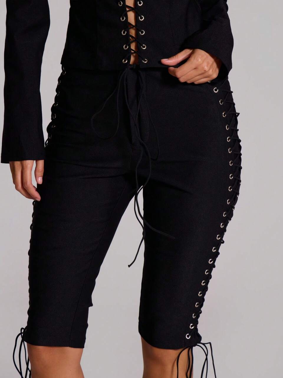 Black Bengaline Lace Up Sides Capri Pants
