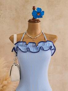 Sunnyshic Spring/Summer New Women's One-Piece Ruffle Beach Vacation Swimsuit - Blue - View 5