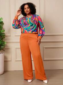 BrightlyHer Plus Size Women's Floral Print Long Sleeve Top Elastic Waist Pants Two Pieces Set Brunch 1920 Vintage Autumn Rainbow Burnt Orange - Multicolor - View 7