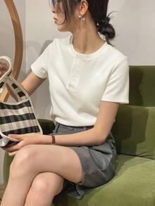 DAZY Camiseta de punto acanalado con botones delanteros, ropa fina de verano - Blanco - Ver 1