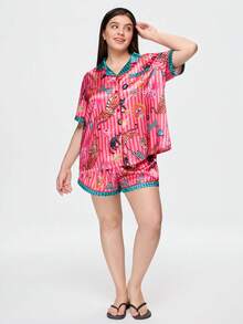 Bonmuse Young Vibrant Fun Tiger Butterfly Lightning Cat Wave Stripe Print Lapel Open Front Satin Plus Size Women's Pajama Set - Multicolor - View 9