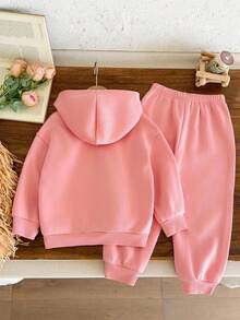SHEIN Kids Young Girl Girls Cartoon Rabbit & Leopard Print Knit Soft Hooded Sweatshirt And Relaxed Fit Pants Set - Pink - View 2