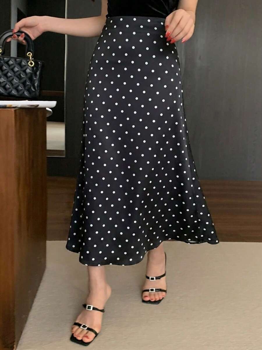 Joudiya 夏季黑白波點拼接女款修身優雅通勤魚尾長裙,適合婚禮、約會之夜、宴會、舞會與派對 - 黑色 - 查看 1
