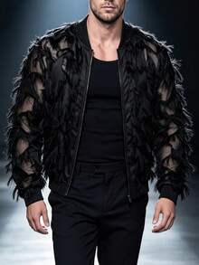 Manfinity Homme Men's Tassel Design Long Sleeve Zip-Up Baseball Jacket - Black - View 4