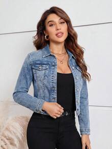 EMERY ROSE EMERY ROSE Women's Casual Front Button Flap Pocket Denim Jacket - Light Wash - View 6