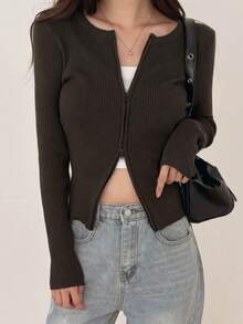 DAZY Women's Solid Color Slim Fit Long Sleeve Round Neck Zipper Casual Vacation Spring Autumn Knit Cardigan - Grey - View 2