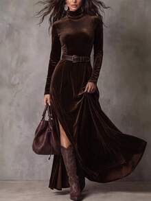 LUMIGAL Women's Round Neck Cinched Waist Split Hem Brown Faux Suede Bohemian Dress, Elegant Commuter Style For Spring And Autumn - Brown - View 6
