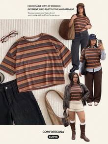 Comfortcana Yellow Solid Color Drop Shoulder Short Casual Plus Size T-Shirt - Brown - View 8