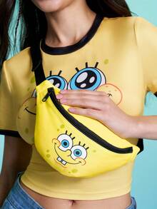 SpongeBob SquarePants | SHEIN 1件黃色海綿卡通主題聚酯纖維腰包，輕量可調節腰包，可用於斜跨，小巧休閒斜挎包，適合旅行與日常使用，卡通迷的完美禮物 - 黃色 - 查看 4