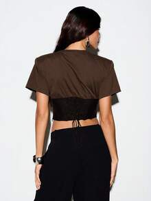 KIZN Cropped Corset T-Shirt With Lace-Up Back, Short Sleeve, Round Neck, Mesh Waist Panel, Top - Brown - View 2