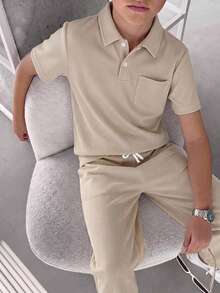 2pcs Tween Boys Loose Casual Turndown Collar Short Sleeve Polo Shirt And Pants Set Suitable For Summer Suitable For Daily Use Suitable For School Suitable For Travel Suitable For Sports Suitable For Spring And Summer Outfits Textured Fabrics - Khaki - View 2