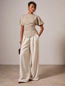 COSMINA Women's Elegant Ruched Round Neck T-Shirt, Suitable For All Seasons Neutral Tops - Khaki - View 7