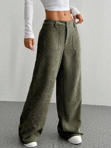 SHEIN Unity Spring Green Corduroy Wide Leg Pants For Women, Low Waist Popular Versatile Loose Straight Leg Long Pants, Front And Back Pocket Design, Street, Holiday - Army Green - View 3