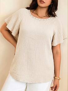 Edennvi Blusa de Crepé Texturizado con Cuello Redondo, Patchwork de Encaje y Mangas con Volantes, Talla Grande - Albaricoque - Ver 3