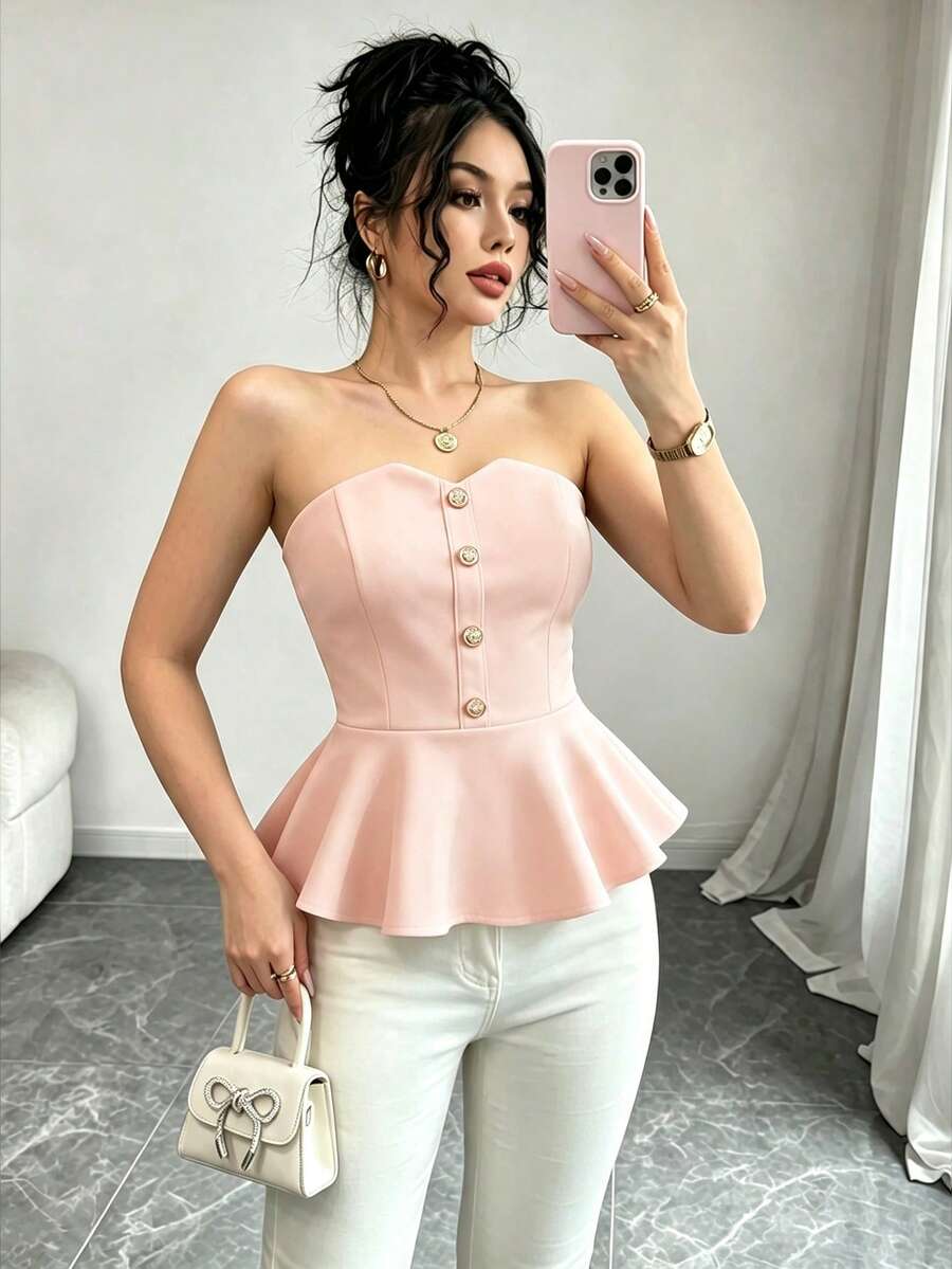 SHEIN Raffinéa 女士优雅衬衫度假装扮黑色上衣外出派对上衣嘉年华服装情人节服装夏季上衣抹胸上衣露肩上衣性感上衣 - 淺粉色 - 查看 1