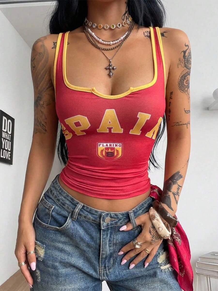 Coolane Women's Letter Print Trim Notch V-Neck Fitted Casual Tank Top - Red - View 1