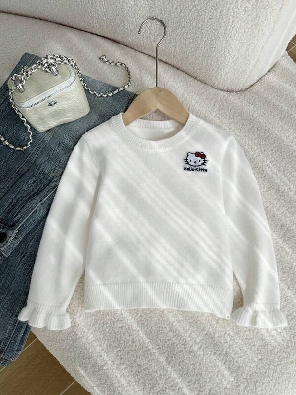 HELLO KITTY AND FRIENDS | SHEIN GraphicGems Young Girls Sweaters Crew Neck White Knit Cardigan With Frill Trim, Comfortable Soft All-Match Versatile Sweet Cute Casual Minimalist Daily Wear For Autumn Winter Travel Outing Party Outdoor Play Picnic School