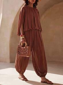 Zivah New Summer Vacation Red-Brown Chiffon Loose-Fitting Pleated Batwing Slit Sleeve Top + Jogger Lantern - Rust Brown - View 6