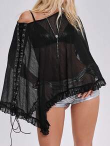 ROMWE Y2K Sexy Fishnet Hollow Out Cape Cover-Up Top For Women Plus Size - Black - View 2