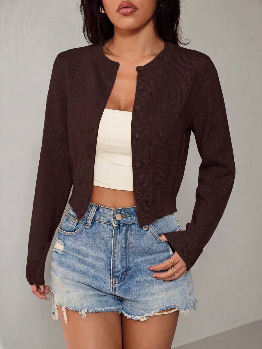 SHEIN PETITE 女款素色休閒百搭日常外出長袖開襟衫 - 棕色 - 查看 1