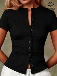 Athîral Women's Casual Single-Breasted Short Sleeve Knit Top