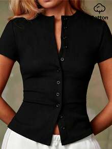 Athîral Women's Casual Single-Breasted Short Sleeve Knit Top - Black - View 1