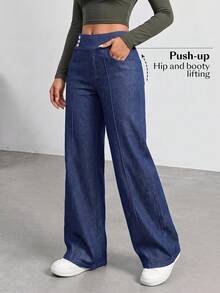 Flexra Women's Straight Leg Denim Jeans With Waist Button Design And Pockets Night Holiday Dark Blue Summer Casual - Blue - View 3