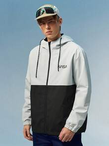 Caldwick Loose Fit Men's Long Sleeve Two Tone Letter Graphic Drawstring Hooded Outdoor Windbreaker Jacket, For Fall - Multicolor - View 4