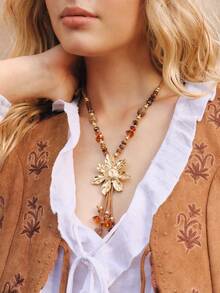 Nocturel 1 buah Kalung Rantai Logam Manik-Manik Motif Bunga Modis, Cocok untuk Pemakaian Sehari-hari Wanita - Coklat - View 3