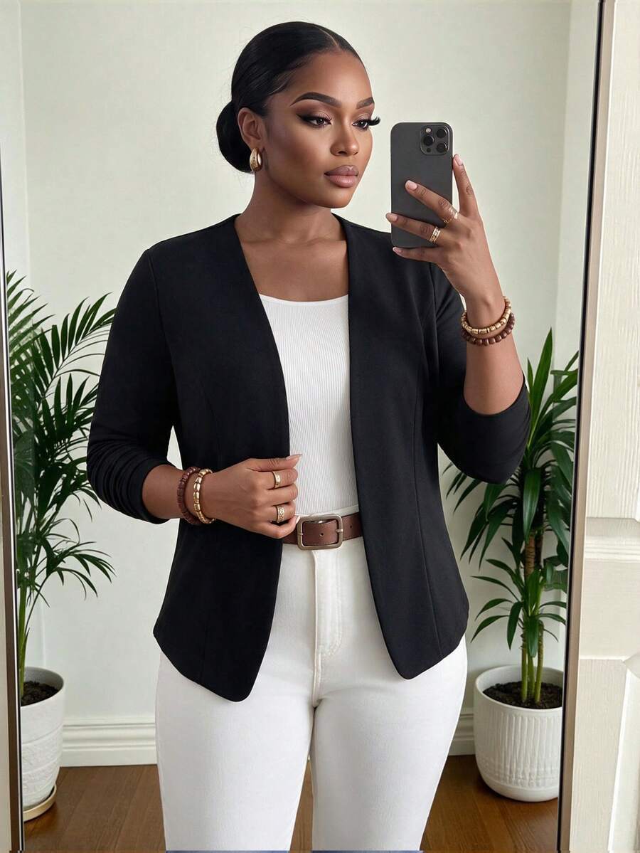 SHEIN Lady CURVE Jaket Wanita Ukuran Besar Warna Polos Depan Terbuka Elegan Kasual Smart Jacket Musim Gugur Kantor Bisnis Hitam - Hitam - View 1