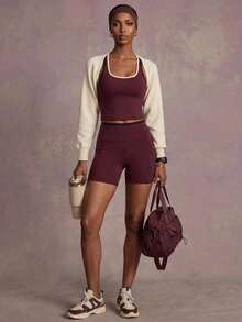 Zivah Women's Cropped Top And High Waist Shorts Set - Colorblock Casual Sports Outfit For Fitness Workout Year Round - Burgundy - View 7