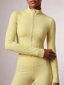 Zivah Women's Sportswear Set Zipper Long Sleeve Jacket & Long Pant With Pockets Gym Workout Activewear Outfit For Autumn Winter - Yellow - View 7