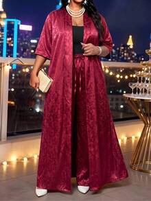 SHEIN Lady Plus Size Women Drawstring Waist Wide Leg Pants Short Sleeve Long Robe Casual Elegant Daily 2 Pieces Set Dinner Formal Wedding Guest Burgundy Summer - Burgundy - View 1