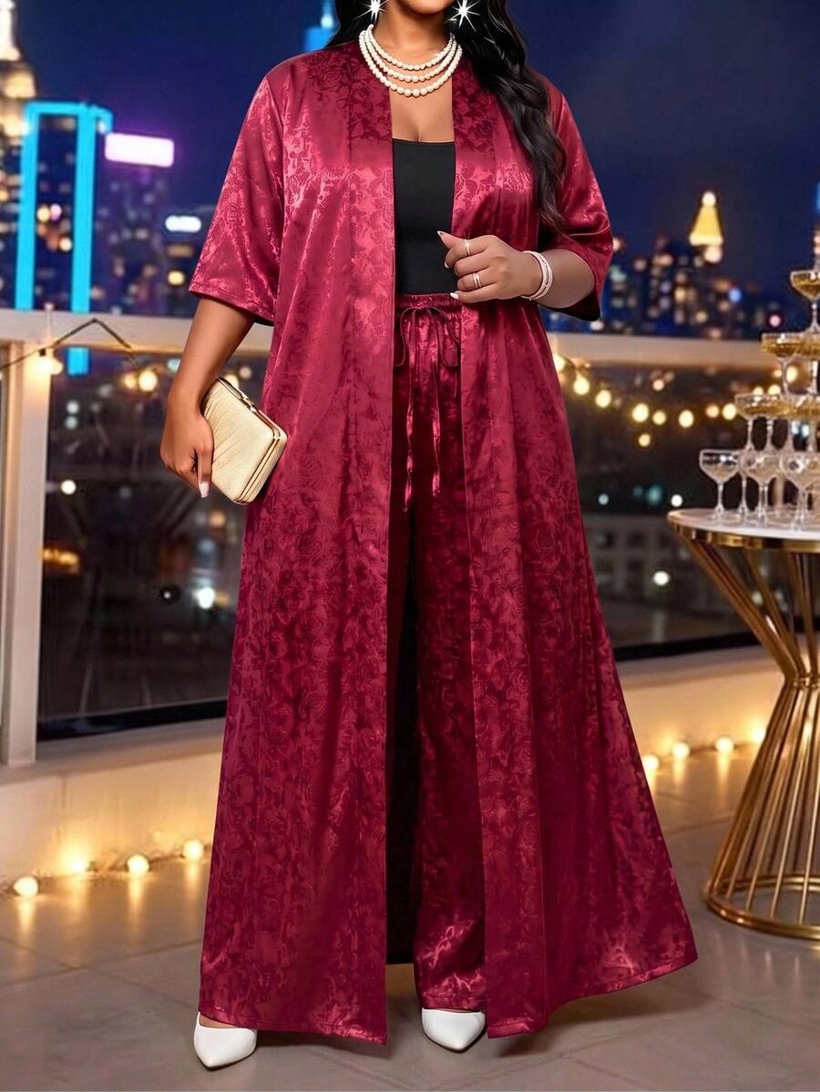SHEIN Lady Plus Size Women Drawstring Waist Wide Leg Pants Short Sleeve Long Robe Casual Elegant Daily 2 Pieces Set Dinner Formal Wedding Guest Burgundy Summer - Burgundy - View 1