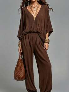 SHEIN Jumpsuit Fashion Wanita Minimalis Warna Polos dengan Leher V Dalam dan Lengan Kelelawar - Coffee Brown - View 3