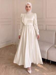 Celisse Vestido Feminino Premium com Textura de Cetim, Design de Laço Decorativo, Cintura Marcada, Elegante, Manga Longa, Casual para Trabalho e Passeio, Estilo Vintage Court para Festa e Encontros - Damasco - Visão 6