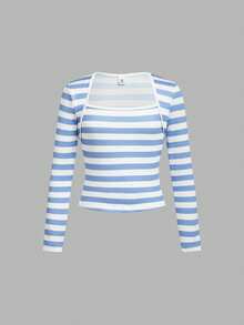 SHEIN 兒童青少年女孩休閒復古藍白條紋方領長袖上衣 T-shirt，適合秋季日常與校園穿著 - 藍白色 - 查看 7
