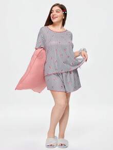 Bonmuse 大尺碼女款圓領荷葉邊飾黑色條紋櫻桃印花羅紋針織短袖短褲，休閒居家浪漫睡衣兩件組 - 黑色 - 查看 8