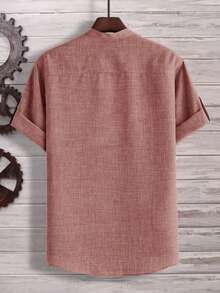 Manfinity Homme Loose Fit Men's Half Button Roll Up Sleeve Shirt - Watermelon Pink - View 2
