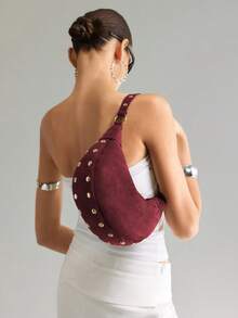 Viva Strut Women's Fashionable Simple Personalized Street Versatile Retro Claret Suede Rivet Design Shoulder Bag, Daily Shopping  School Commuting - Burgundy - View 2