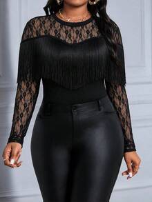 SHEIN Lady 大尺碼韓系性感蕾絲拼接流蘇裝飾T恤 - 黑色 - 查看 4