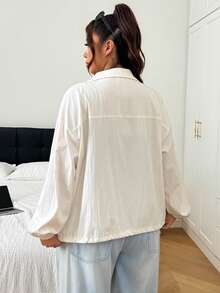 SHEIN EZwear 大尺碼女款純色拉鍊休閒百搭日常長袖夾克 - 杏色 - 查看 2