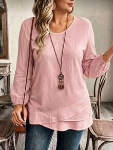 EMERY ROSE Women's Plus Size Solid Color Design Long Sleeve Shirt With Ruffle Hem Patchwork, Casual Versatile For Autumn/Winter, Suitable For Outings And Office Commute - Pink - View 1
