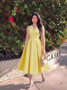 SHEIN MOD Women's Textured Collar Button Front Waist Cinched Solid Color Dress,Summer Outfits Women,Romantic - Yellow - View 10