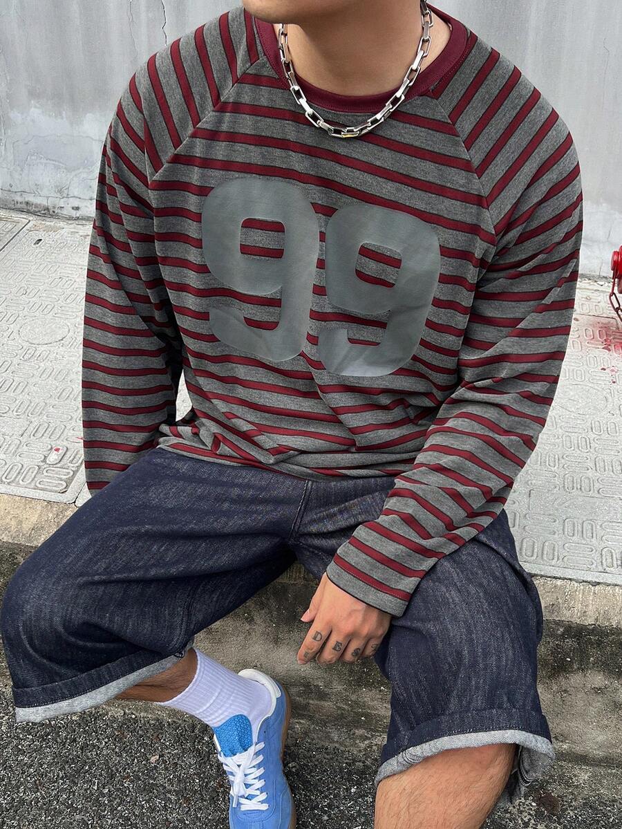 DAZY 男士黑色與紅色拼色數字印花T恤 - 彩色 - 查看 1