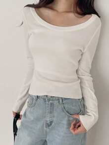 DAZY Slim Fit Large Scoop Neck Long Sleeve Elastic Ribbed Basic Pullover Knit Sweater Korean Style Spring Autumn Women's Brunch School Off-White - White - View 4