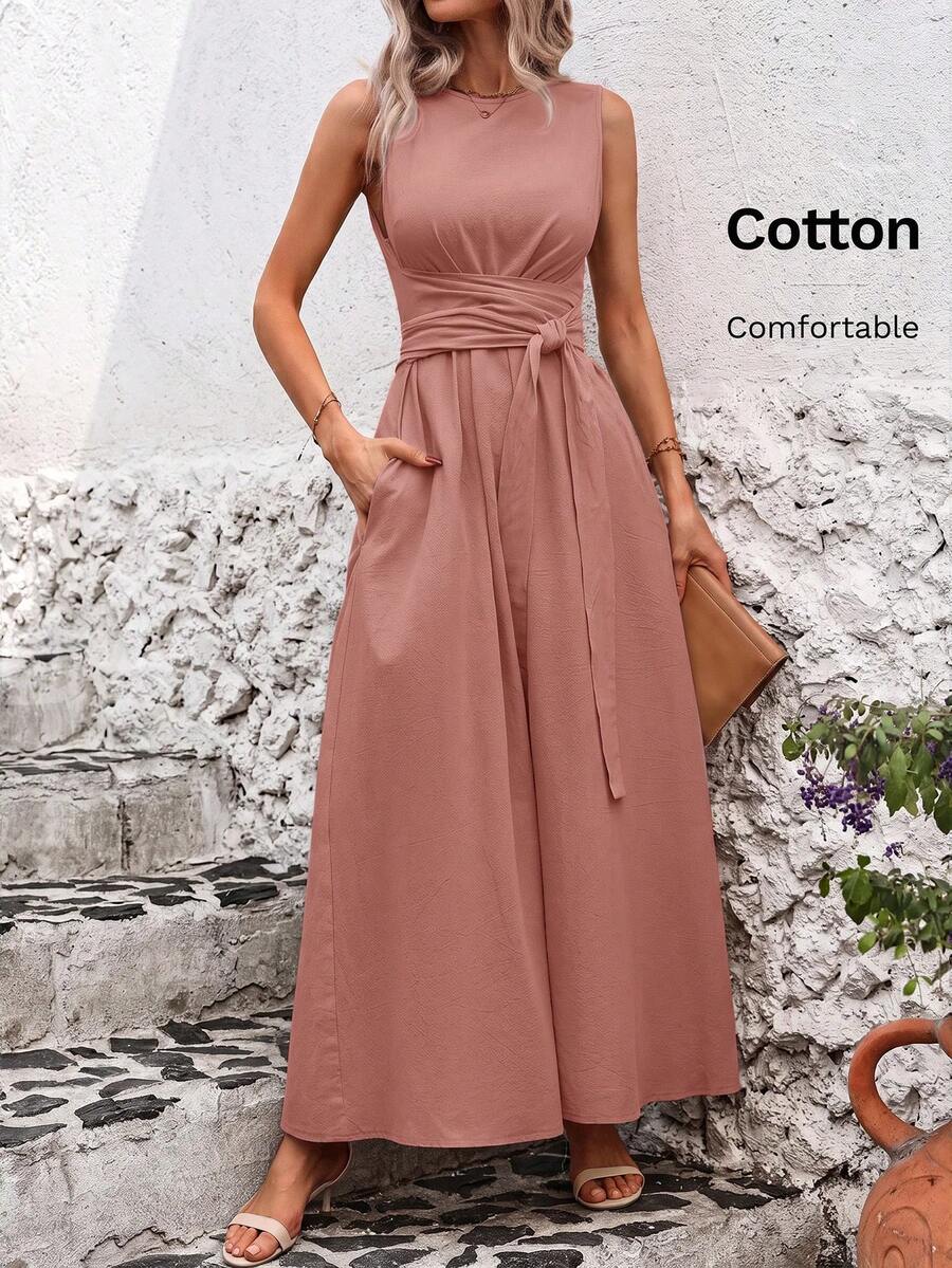 SHEIN Clasi 女款素色百褶休閒派對度假洋裝 灰粉色 夏季