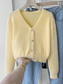 SHEIN Teen Girl Solid Color Drop Shoulder Long Sleeve Casual Knit Cardigan - Yellow - View 1