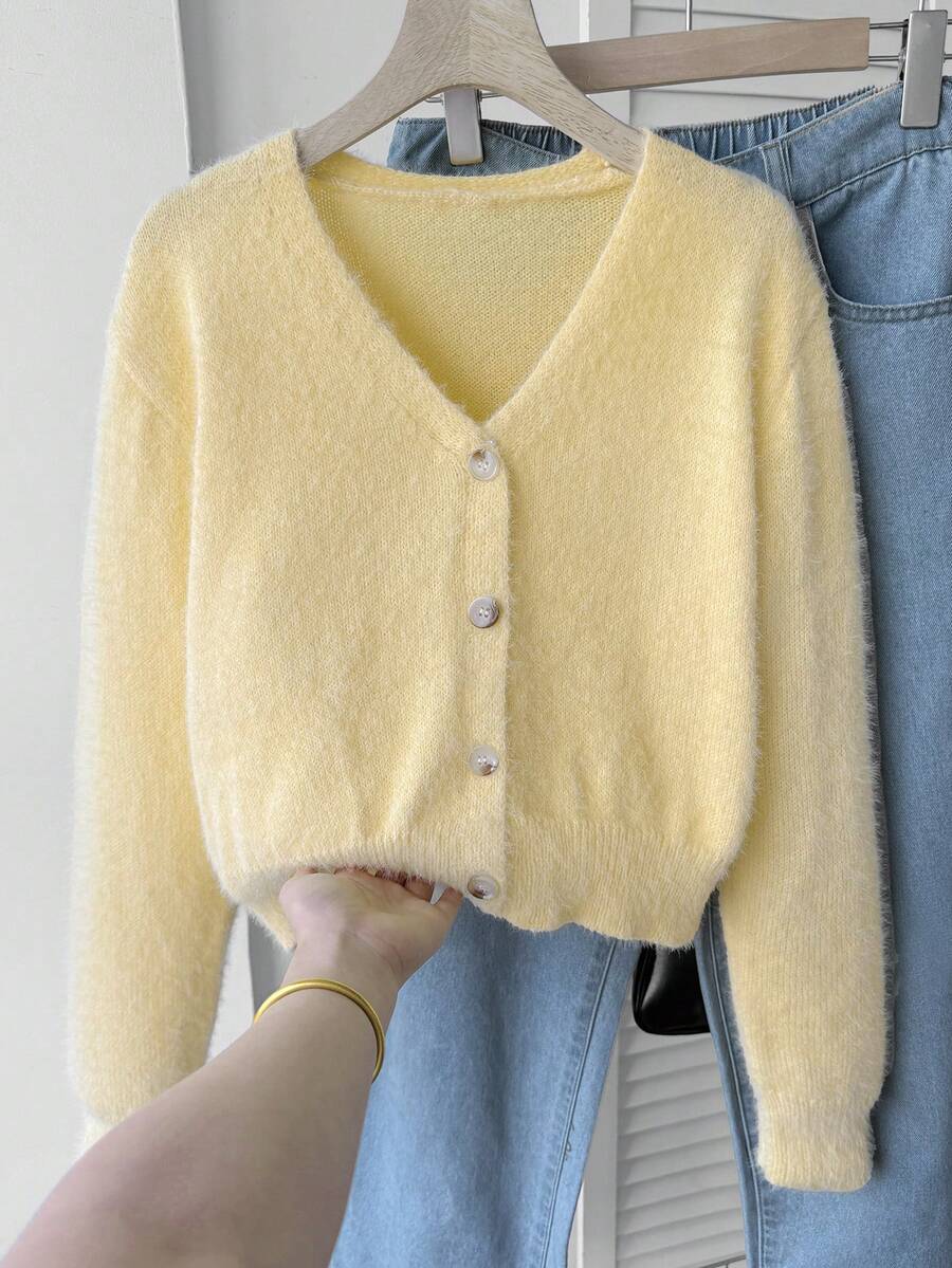 SHEIN Teen Girl Solid Color Drop Shoulder Long Sleeve Casual Knit Cardigan - Yellow - View 1